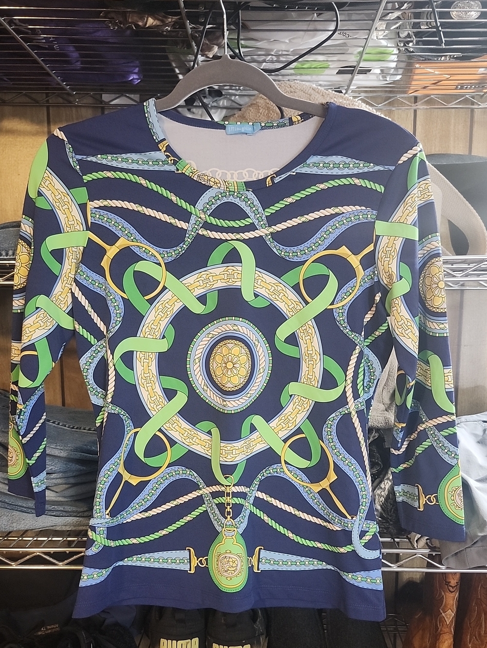 J. McLaughlin Navy Blue 3/4 Length Sleeve Top with Green & Gold Chain Motif